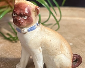 Antique Staffordshire Pug Figurine – Victorian Dog with Blue Bell Collar