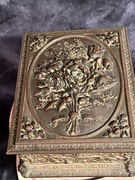 Vintage Ornate Metal Jewelry Box, Cherub & Floral Design: Repousse dresser/vanity chest; casket box View 5