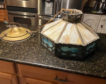 Antique arts and craft style large slag glass hanging lamp shade possibly by Bradley Hubbard; Gothic pendant light