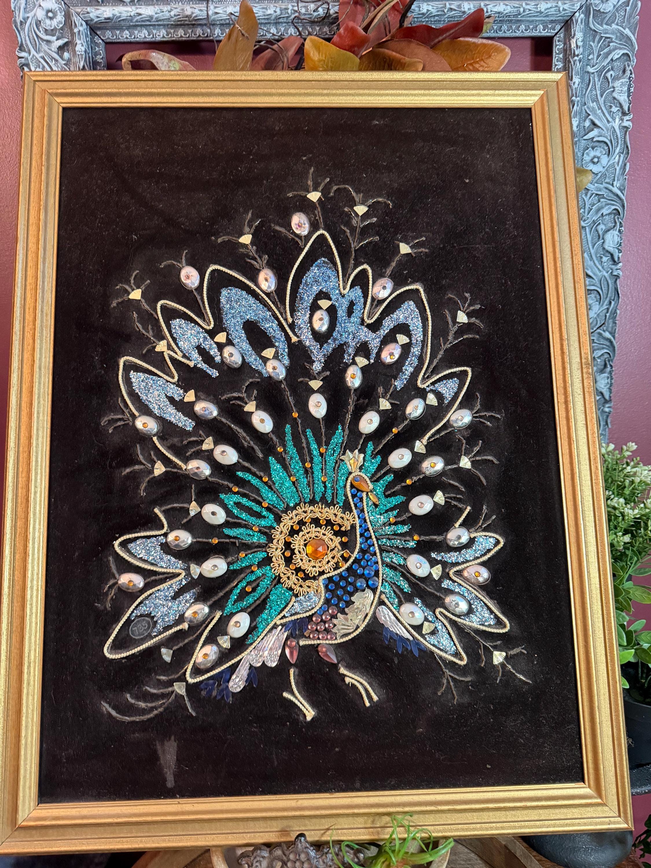 Vintage MCM Black Velvet Peacock Art – Mixed Media Gravel & Sequin