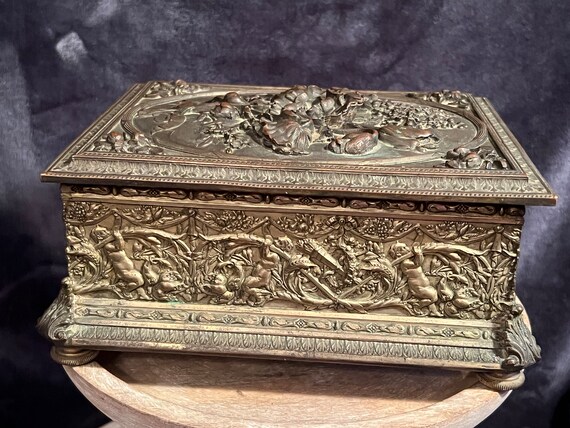 Vintage Ornate Metal Jewelry Box, Cherub & Floral Design: Repousse dresser/vanity chest; casket box View 3