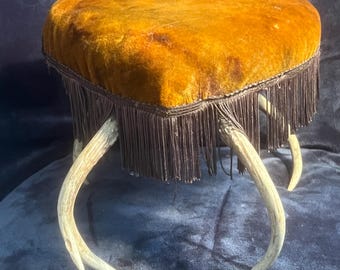 Antique Antler Footstool - Rare Victorian Heart Shaped Gout Stool - Vintage 19th Century Velvet Horn Ottoman Adirondack Cabin Decor Gift