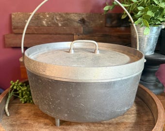 Vintage Aluminiumguss Dutch Oven mit Deckel|Primitiver schwerer Aluminiumtopf mit Griffbügel|Rustikales Bauernhaus Küchendekor|Country Camp Kochgeschirr