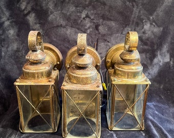 Set of 3 vintage brass carriage lamps; carriage lanterns