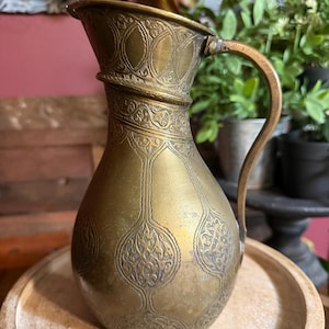 Antique 19th Century Persian Tinned Brass Ewer, Hand-Chased Qajar Islamic Water Pitcher Aftaba, Ornate Middle Eastern Decor