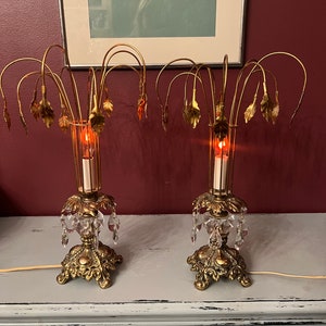 Vintage mid century waterfall style lamps; buffet lamps; Crystal teardrops; unique library lamps