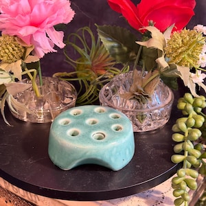 Vintage flower frogs; Weller pottery 8 hole flower frog; cut glass 11 hole flower frogs - sold individually