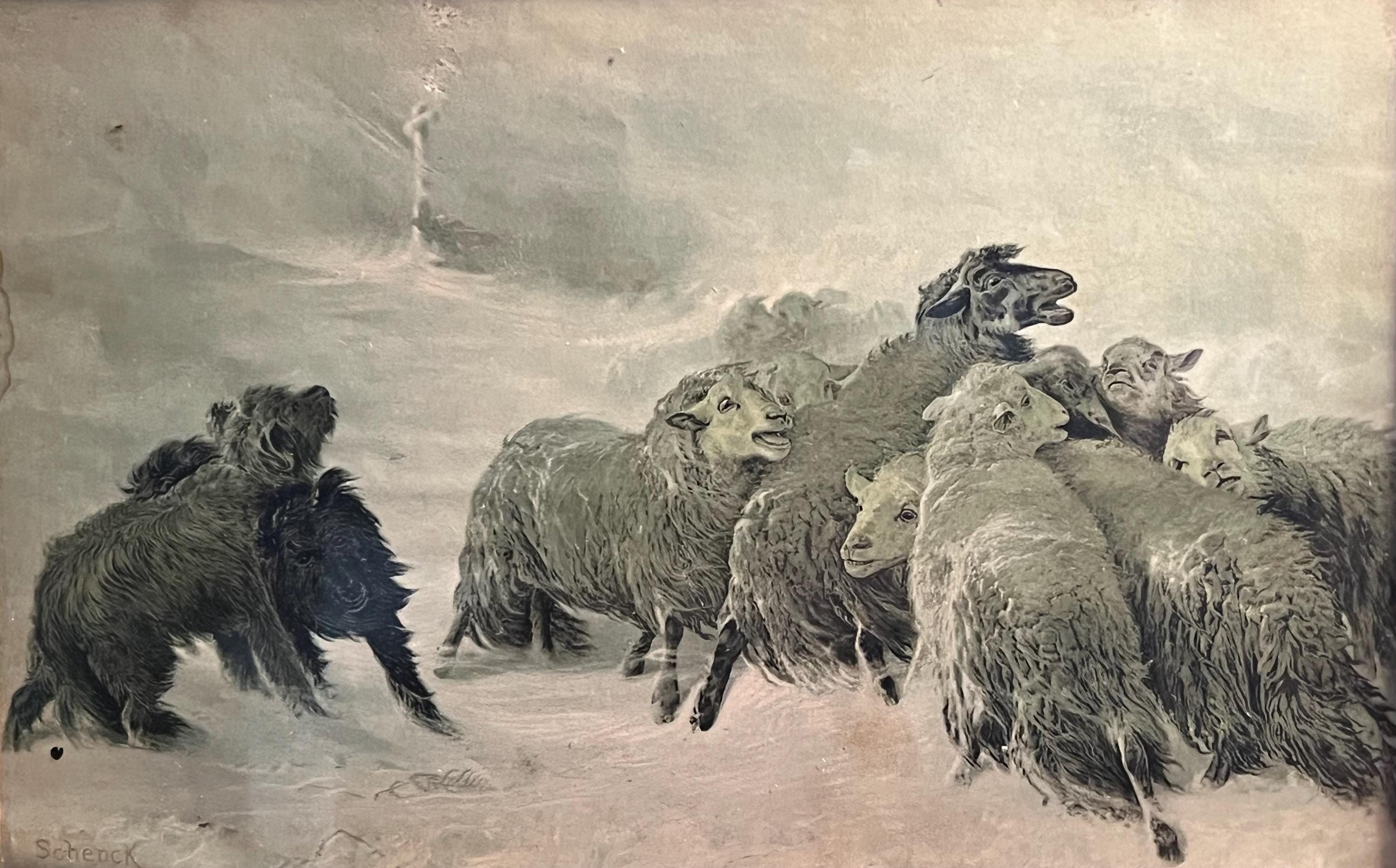Antique framed lithograph of August Friedrich Albrecht Schenck’s (1828-1901) work ‘Lost: Souvenir of Auvergne’; Sheep ‘Lost in the Storm’