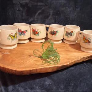 Vintage set of 6 handmade butterfly mugs; set of butterfly stoneware pedestal signed coffee cups