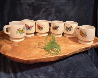 Juego vintage de 6 tazas de mariposa hechas a mano; juego de tazas de café con pedestal de gres con forma de mariposa firmadas