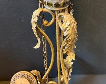 Antique/vintage cast metal, bronze(?) and stained/smoked glass single light chandelier/pendant light fixture; shade not included