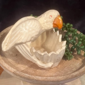 May include: A white ceramic parrot figurine with an orange beak, perched on a decorative planter with a scalloped edge.