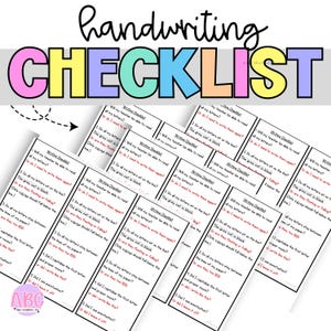 Könnte beinhalten: Eine Handschrift-Checkliste mit dem Wort "CHECKLIST" in großen, farbigen Buchstaben. Mehrere kleinere Checklisten sind sichtbar, jede mit Fragen zur Handschrift, wie z. B. Buchstabenbildung und Zeichensetzung. Die Checklisten sind für den Unterricht.