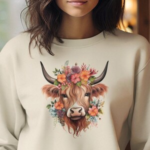 Highland Cow Floral Design - Highland Cow with Flower Crown - Western Cow Shirt - Heavy Blend™ Sweatshirt - Cow - Ladies&#39; Floral Sweat