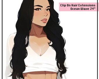 Clip On Hair Extensions Ocean Wave 24” Vegan Synthetic Heat Safe 7pc
