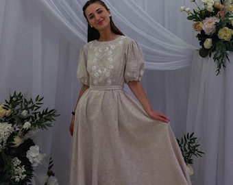 Embroidered Linen Midi Dress, Beige Bohemian Wedding Gown, Custom Size