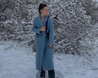 Blue long wool  trench coat 100%  double-breasted , Classic overcoat women , Lined fall  coat with belt , Luxsary coat Minimalist oversized
