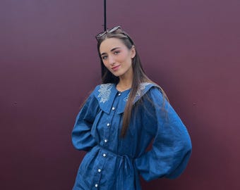 Boho Floral Linen Blouse - Embroidered Long Sleeve Top for Women