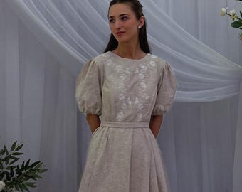 Floral wedding dress embroidered linen midi  Bohemian forest bridal gown