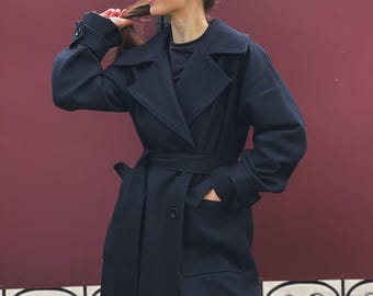 Long Dark Blue Wool Coat with Large Lapels | Modern Trench