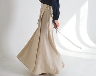 Boho Linen Wrap  Maxi Skirt - Adjustable Waist - Long Summer Skirt With  Pockets