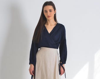 Renaissance Linen Wrap Blouse with Puffy Sleeves - Eco- Friendly Clothing