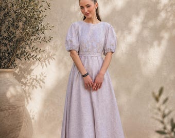 Linen wedding dress midi Floral embroidere dress  Simple bridal gown