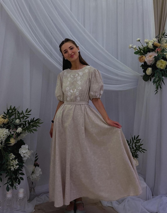 Forest wedding dress embroidered linen midi  Modest floral bridal gown
