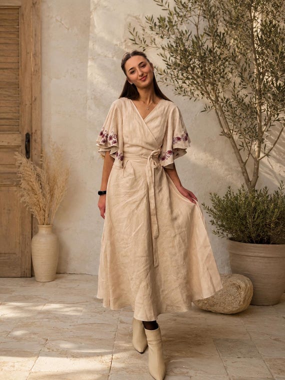beige linen wrap dress Dress, Embroidered Flutter Sleeves, Midi, Boho Bridal Shower, Rustic Wedding Guest FBads_3_10OFF40US t his comfortable and Luxury Prom Dresses Long Collar Colour:Dawn Indigo
