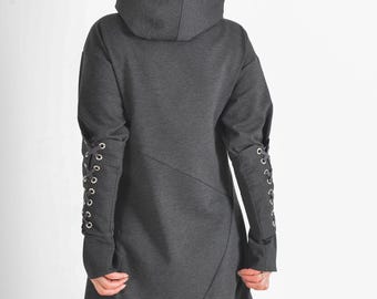 Gray knitted long dress with detachable hood and long sleeves