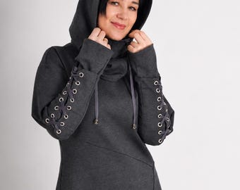 Black Knitted Hooded Maxi Dress Steampunk Dress