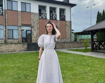 Linen wedding dress midi Floral embroidere dress  Simple bridal gown