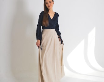 Handcrafted Long Linen Wickelrock -  Comfortable and Sustainable Fashion Midi  Summer Skirt With  Pockets