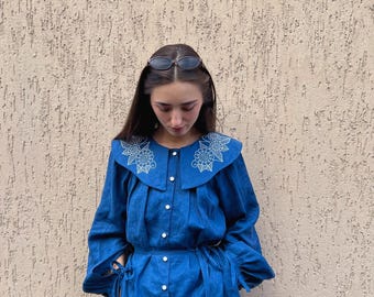 Embroidered Boho Linen Blouse with Long Sleeve - Floral Women's Shirt