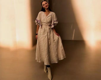 Linen Wrap Dress, Embroidered Flutter Sleeves, Beige Midi, Boho Bridal Shower, Rustic Wedding Guest
