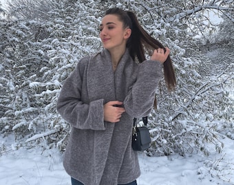 Woolen wrap cardigan for winter Poncho  jacket with long sleeves Loose  wool outcoat casual Minimalist clothing Gift for best friend