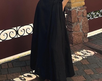Boho Black Linen Maxi Skirt - Wrap Style with Pockets
