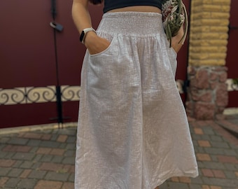 Linen wide leg pants with hight waist - Casual Plus Size Linen Culottes