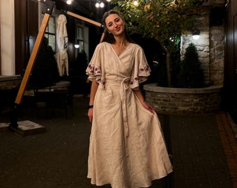 Ivory Linen Midi Wrap Dress | Simple Wedding Dress with Floral Embroidery & Puff Sleeves