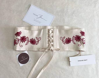 Linen Corset Belt with Floral Embroidery – Woodland Wedding Accessory