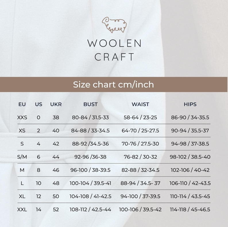 May include: A size chart in centimeters and inches, with bust, waist, and hip measurements. The chart includes EU, US, and UK sizes, ranging from XXS to XXL. The Woolen Craft logo is at the top.