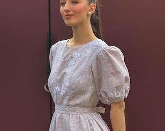 Floral embroidered linen midi wedding dress  Simple bridal gown