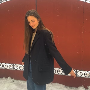 Black Wool Jacket for Women - Minimalist Office Attire with Pockets, Stylish Winter Double-Breasted Outwear, 100% Wool