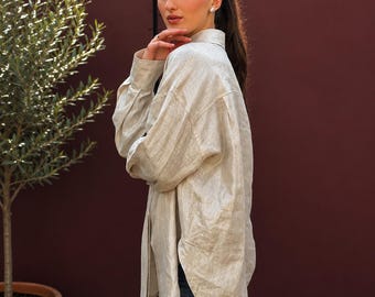 Handgemachte Silberne Leinenbluse - Belgische Loose Fit Tunika