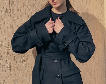 Navy Blue Wool Coat | Loose Straight Cut | Double-Breasted Closure