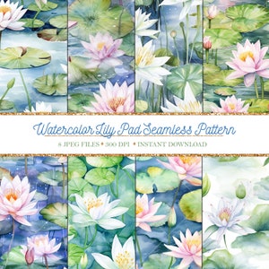 Padrões sem emenda de almofada de lírio em aquarela - papel digital - PNG - download instantâneo