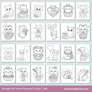 Kawaii Valentines Cat Coloring Pages, Printable Preschool Valentines Day Activities, Toddler Coloring Book, Fun Kids Activity, Cat Coloring