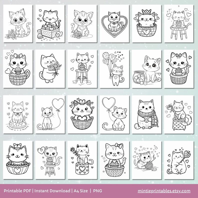 Kawaii Valentines Cat Coloring Pages, Printable Preschool Valentines Day Activities, Toddler Coloring Book, Fun Kids Activity, Cat Coloring