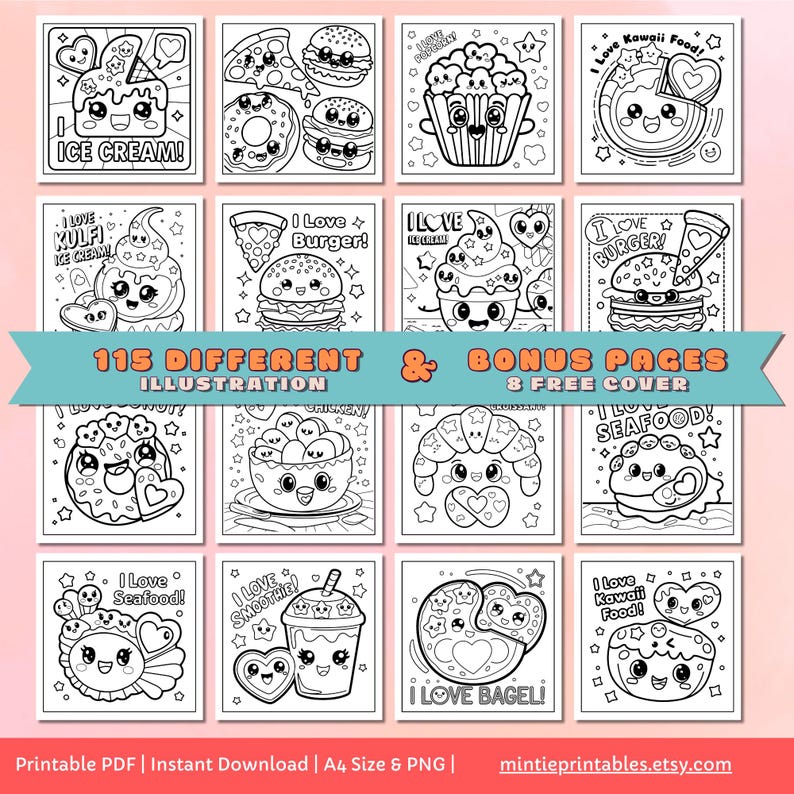 May include: A set of 115 black and white coloring pages featuring cute food illustrations. The pages include a variety of foods, such as ice cream, pizza, burgers, donuts, popcorn, and seafood. The pages are designed for children and adults to color. The text on the page reads "115 Different Illustration & Bonus Pages 8 Free Cover".