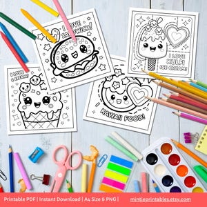 May include: Four printable coloring pages featuring cute cartoon food characters. The characters include a hamburger, ice cream cone, ice cream bar, and a donut. Each page has a different message, such as "I love sandwich!" and "I love kulfi ice cream!" The pages are designed for children to color.